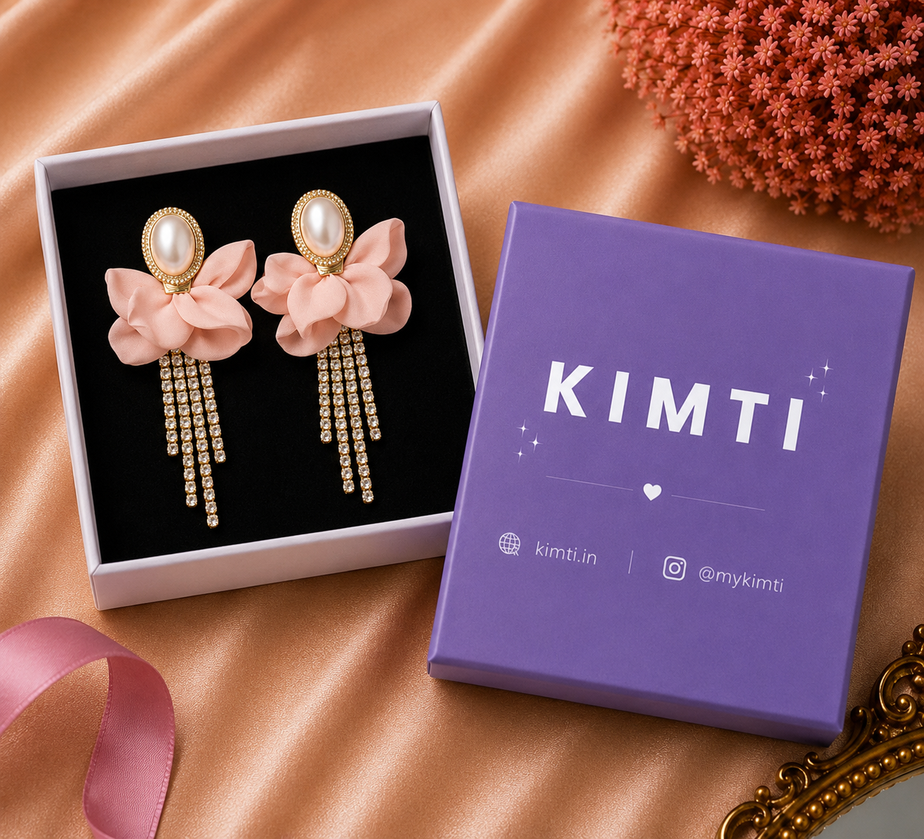 Pink Fabric Flower Crystal Tassel Earrings
