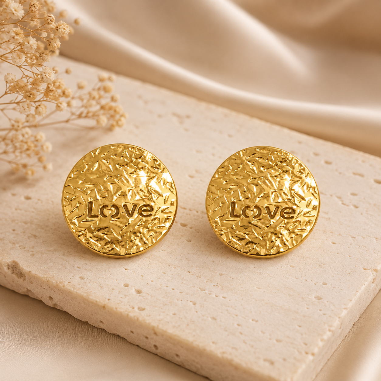 18K Gold Plated Round Textured Love Stud Earrings