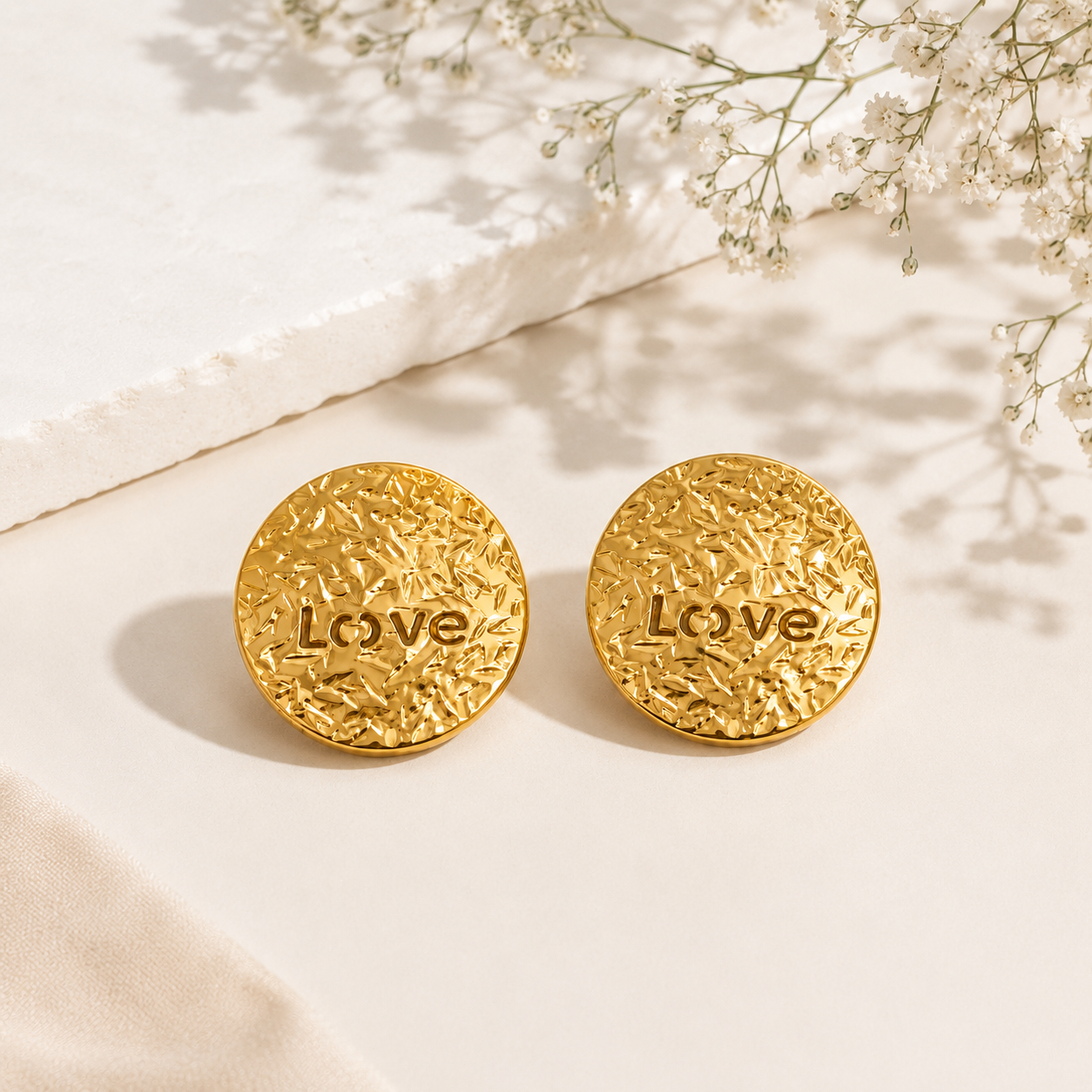 18K Gold Plated Round Textured Love Stud Earrings