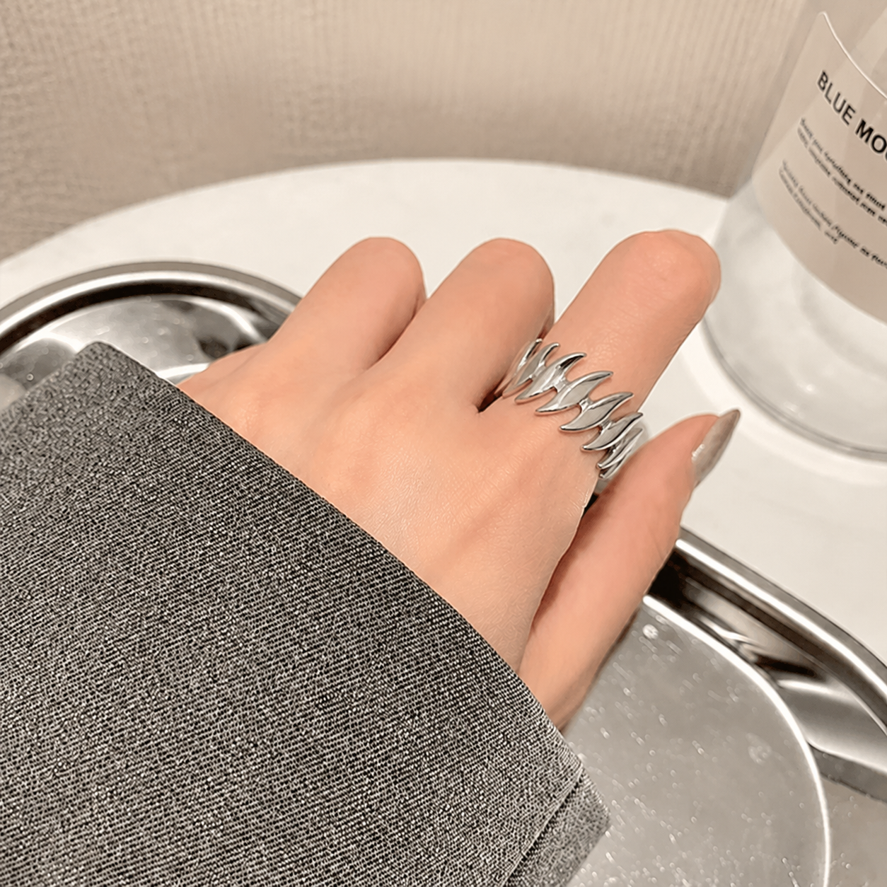 Silver Plated Feather Glow Adjustable Ring