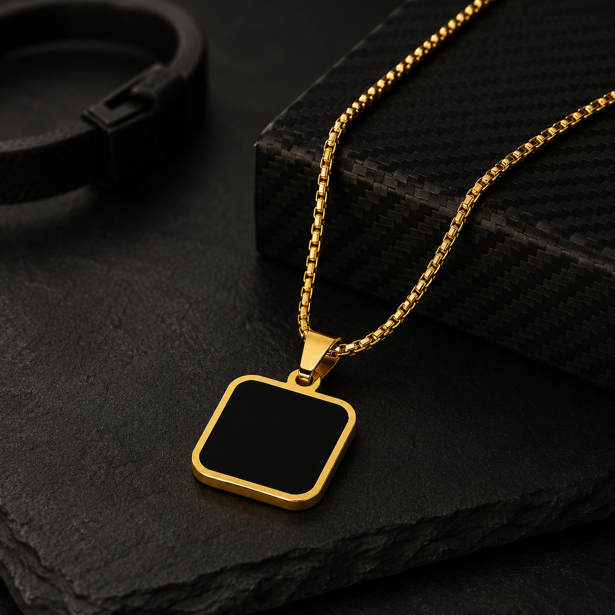 Men-18K Gold Plated Anti Tarnish Black Square Charm Chain