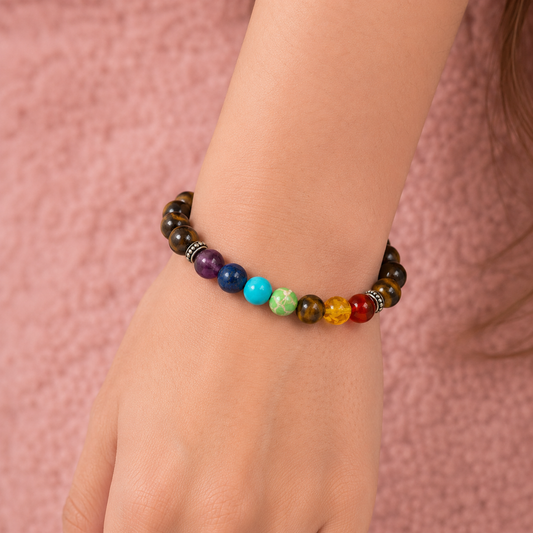 Seven Chakra Energy Stone Bead & Natural Tiger Eye Bracelet