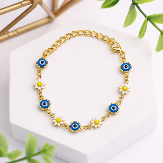 18K Gold Plated Floral Evil Eye Chain Bracelet