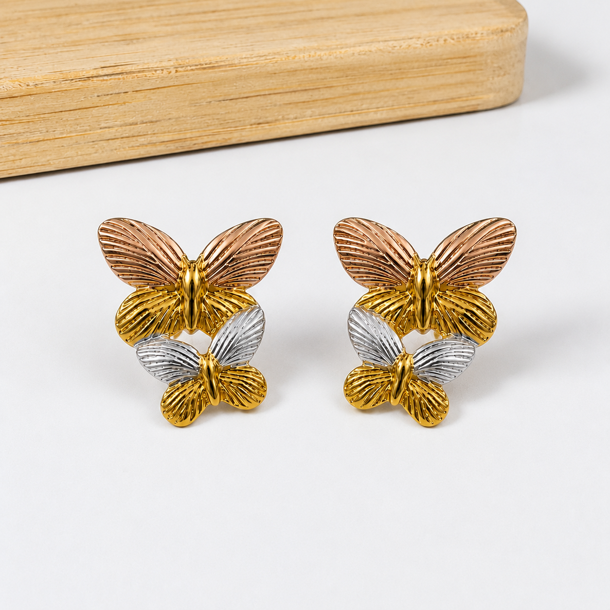 18K Gold Plated Tricolor Butterfly Charm Earrings