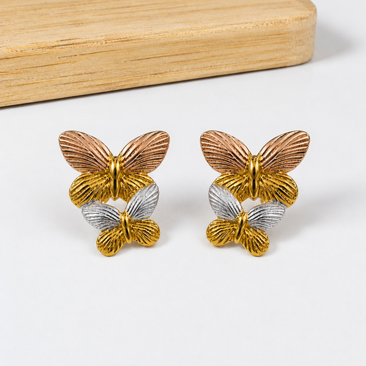 18K Gold Plated Tricolor Butterfly Charm Earrings
