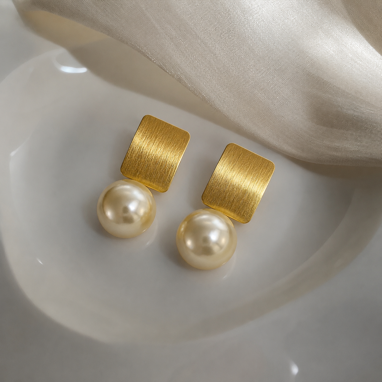 Gold Rectangular Pearl Stud Earring