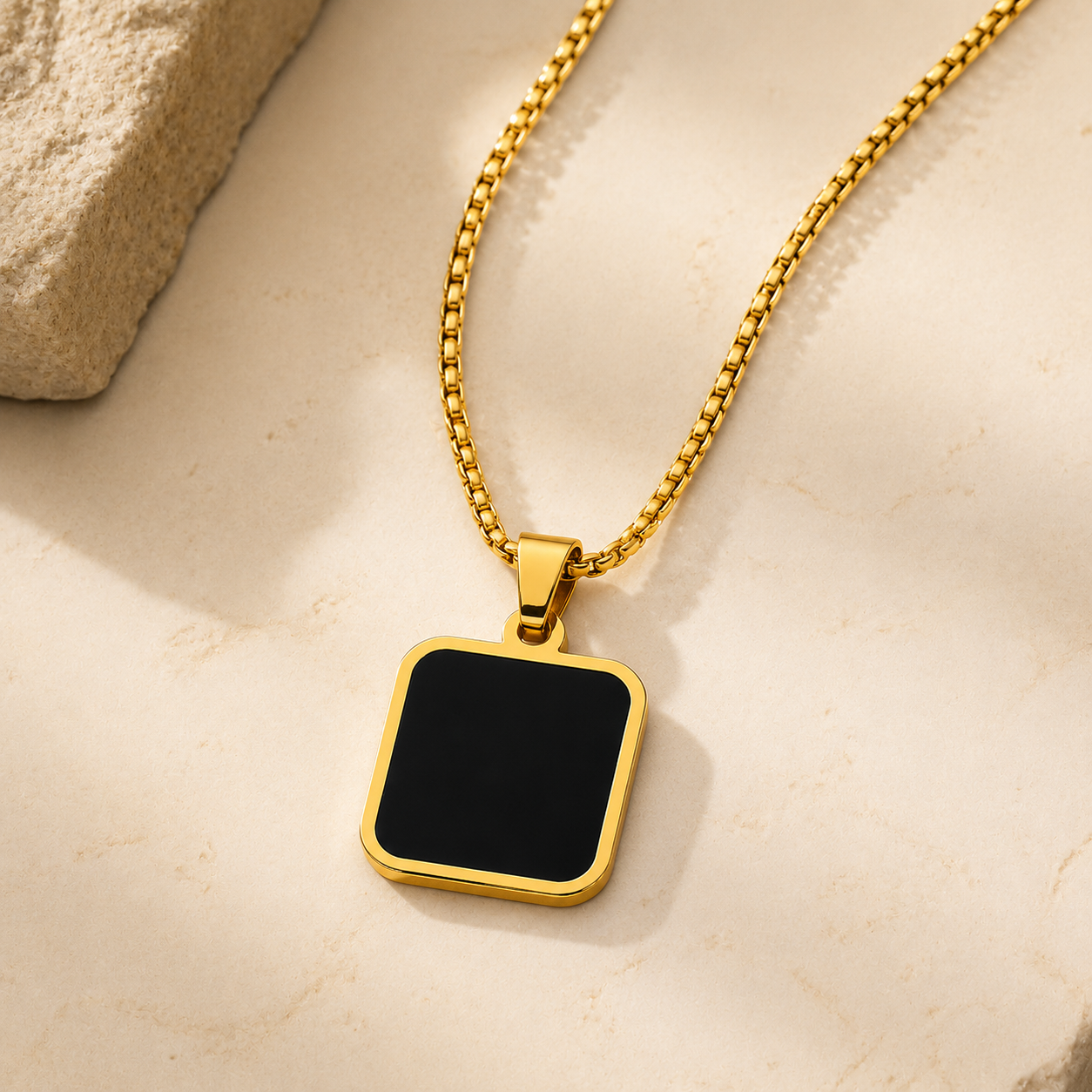 Men-18K Gold Plated Anti Tarnish Black Square Charm Chain