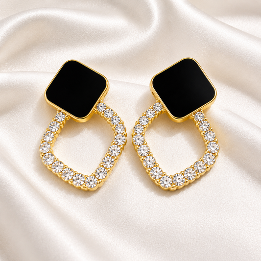 Black Square Golden Stone Korean Earrings