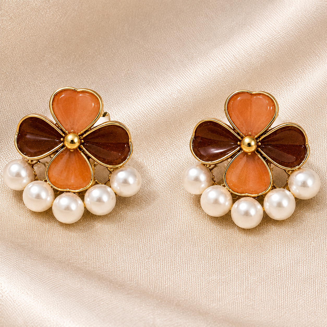 Orange Floral Rhinestone Earrings