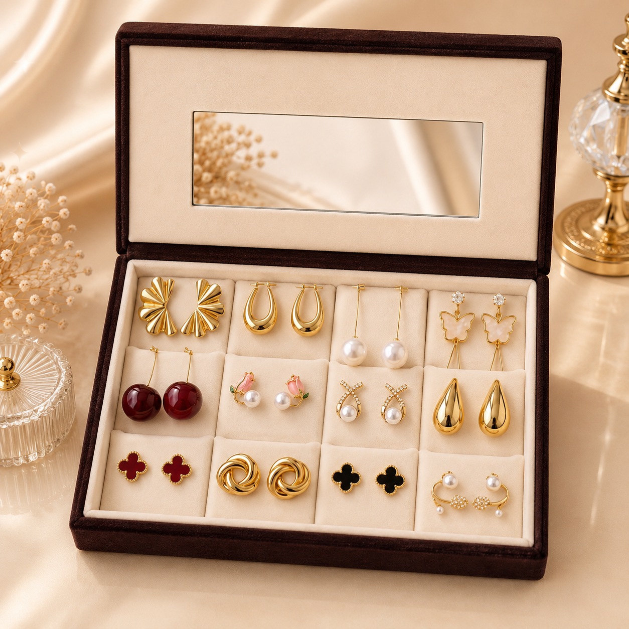 Premium Velvet Earring Organizer Box with Mirror