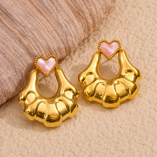 18K Gold Plated Pink Heart Scallop Statement Earrings
