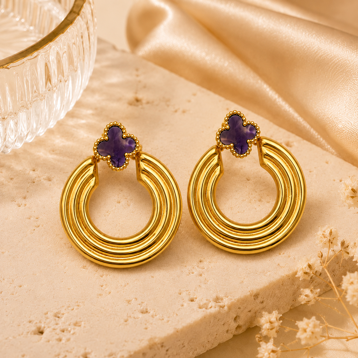 18K Gold Plated Lucky Clover Gold Hoop Earrings