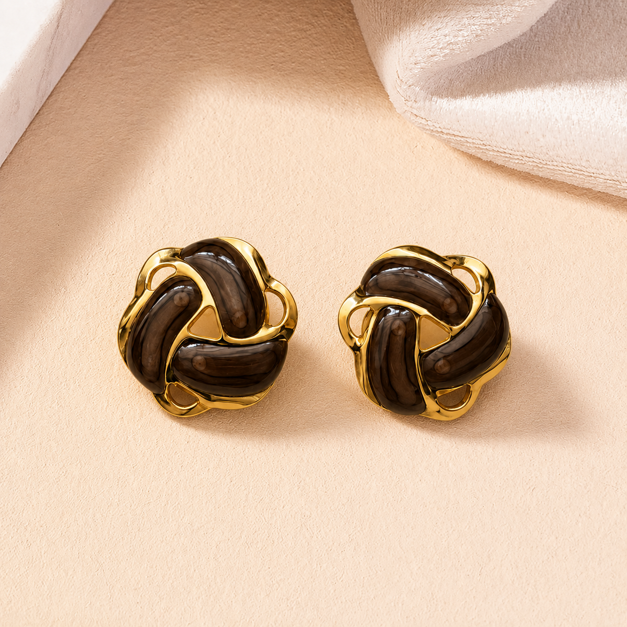 18K Gold Plated Brown Enamel Designer Studs Earring