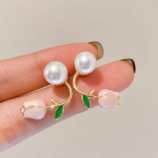 Pink Tulip Pearl Stud Earrings
