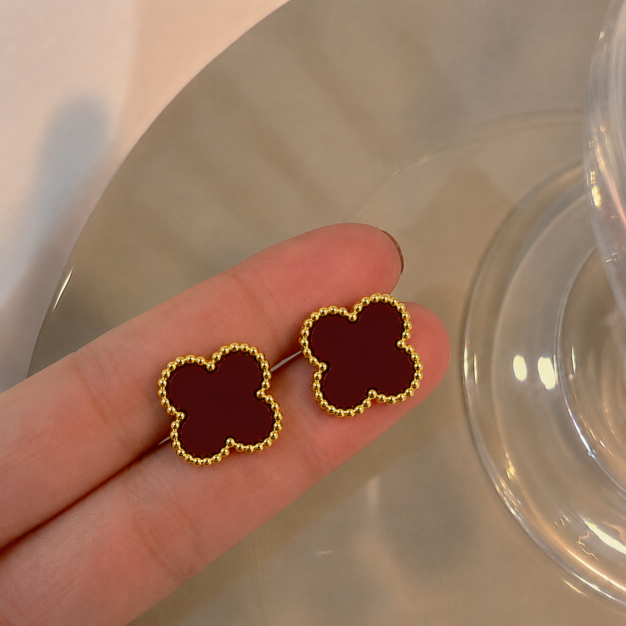 Scarlet Clover Anti Tarnish Stud Earrings