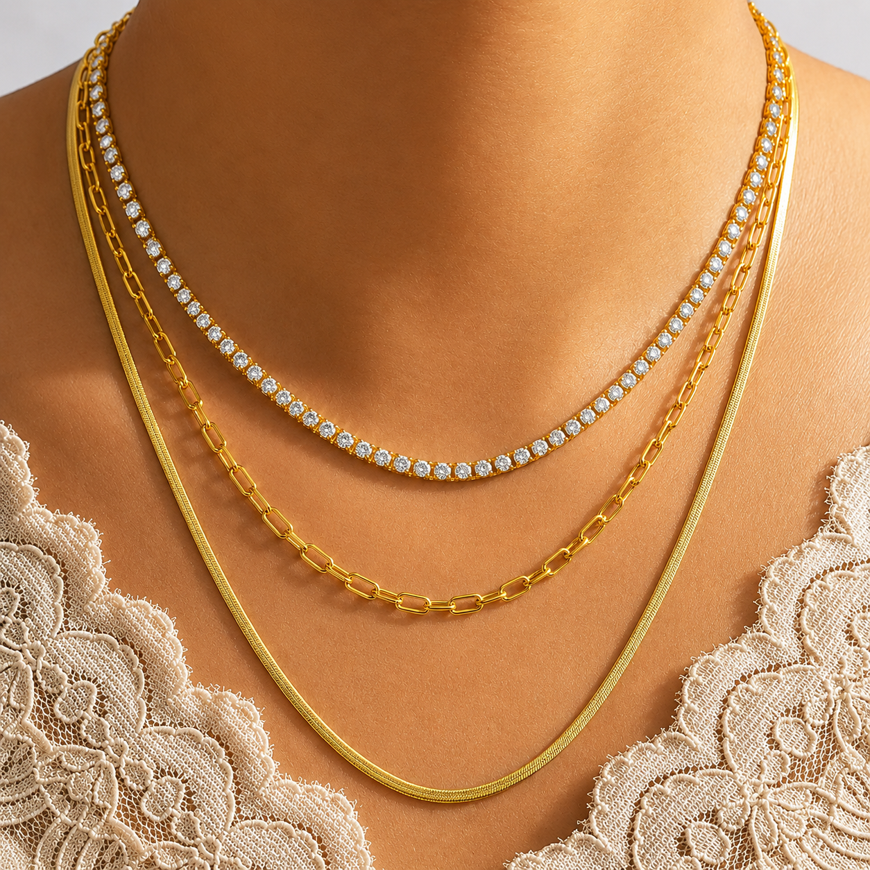 18K Gold Plated Triple Layer Crystal Chain Necklace