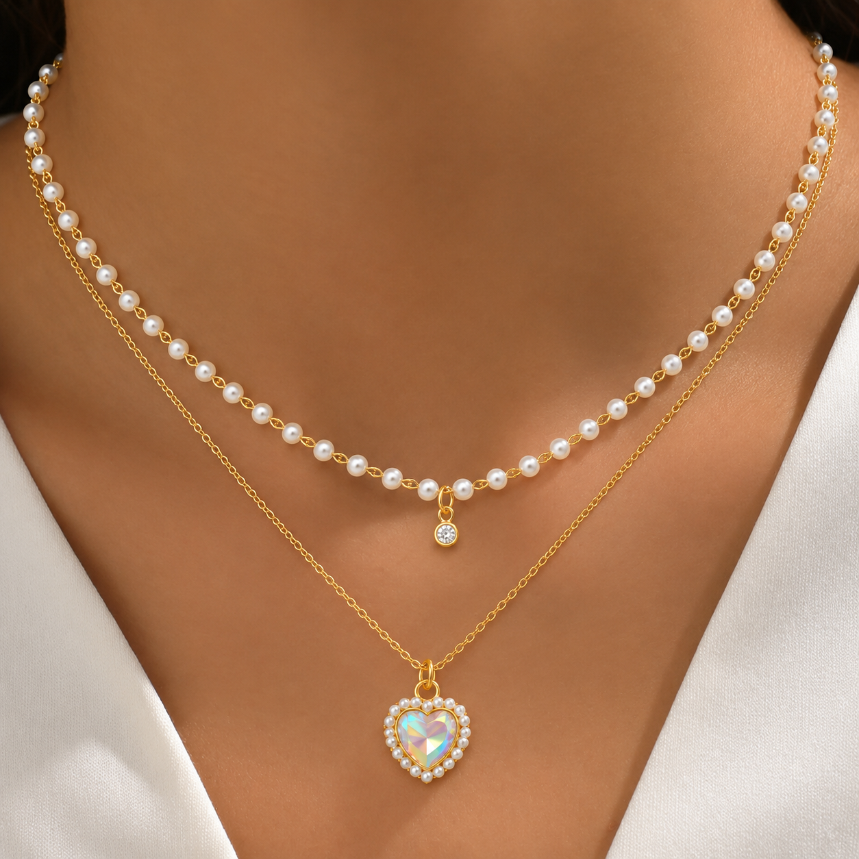 18K Gold Plated Double Layer Pearl Heart Necklace