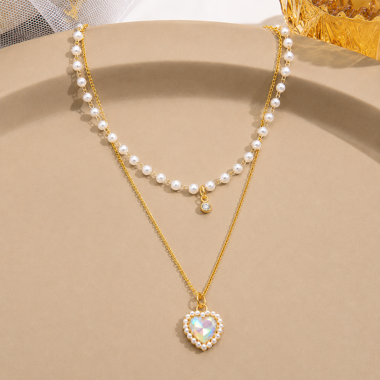 18K Gold Plated Double Layer Pearl Heart Necklace