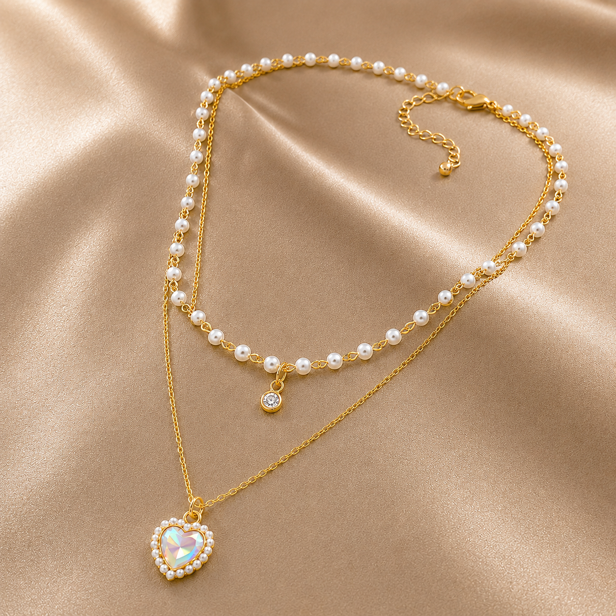 18K Gold Plated Double Layer Pearl Heart Necklace