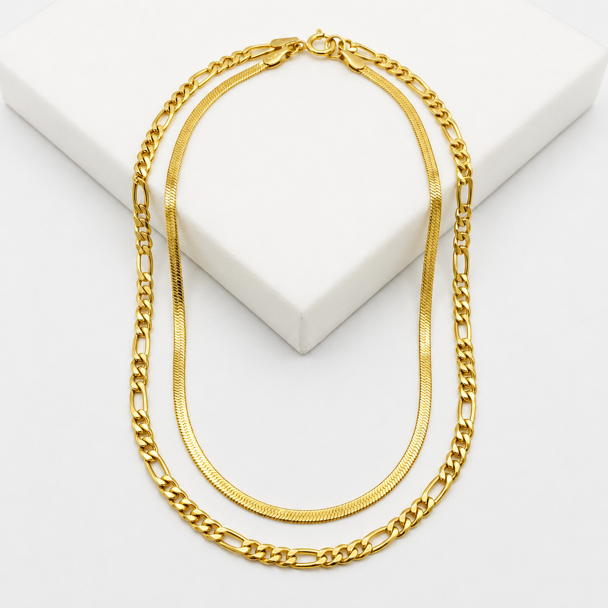 18K Gold Layered Herringbone & Figaro Chain Necklace