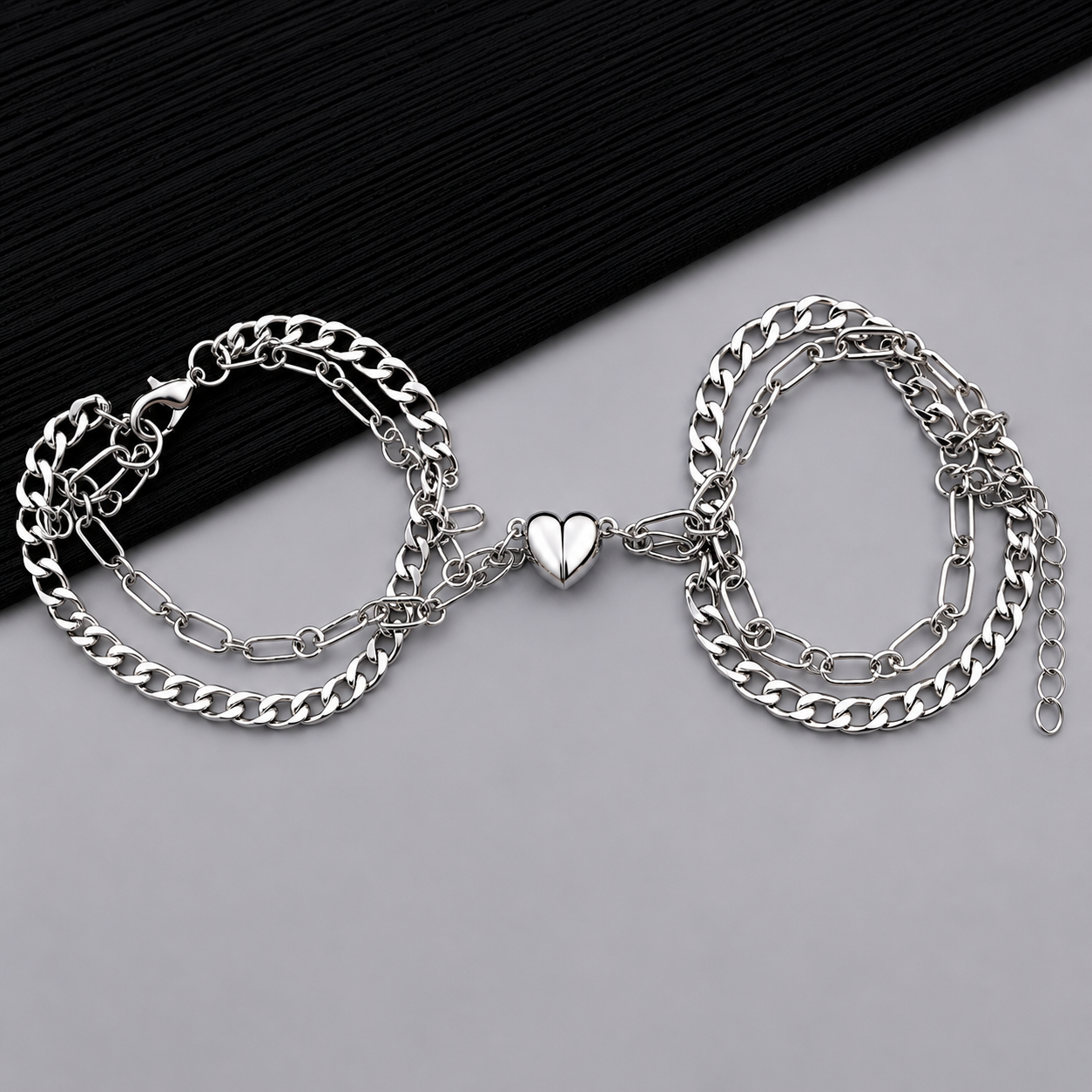Silver Heart Connector Layered Chain Bracelet