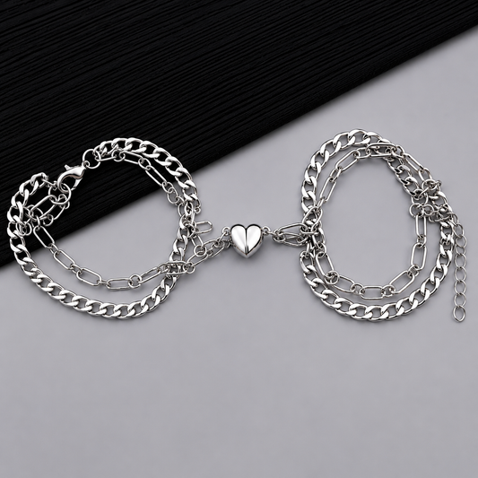 Silver Heart Connector Layered Chain Bracelet