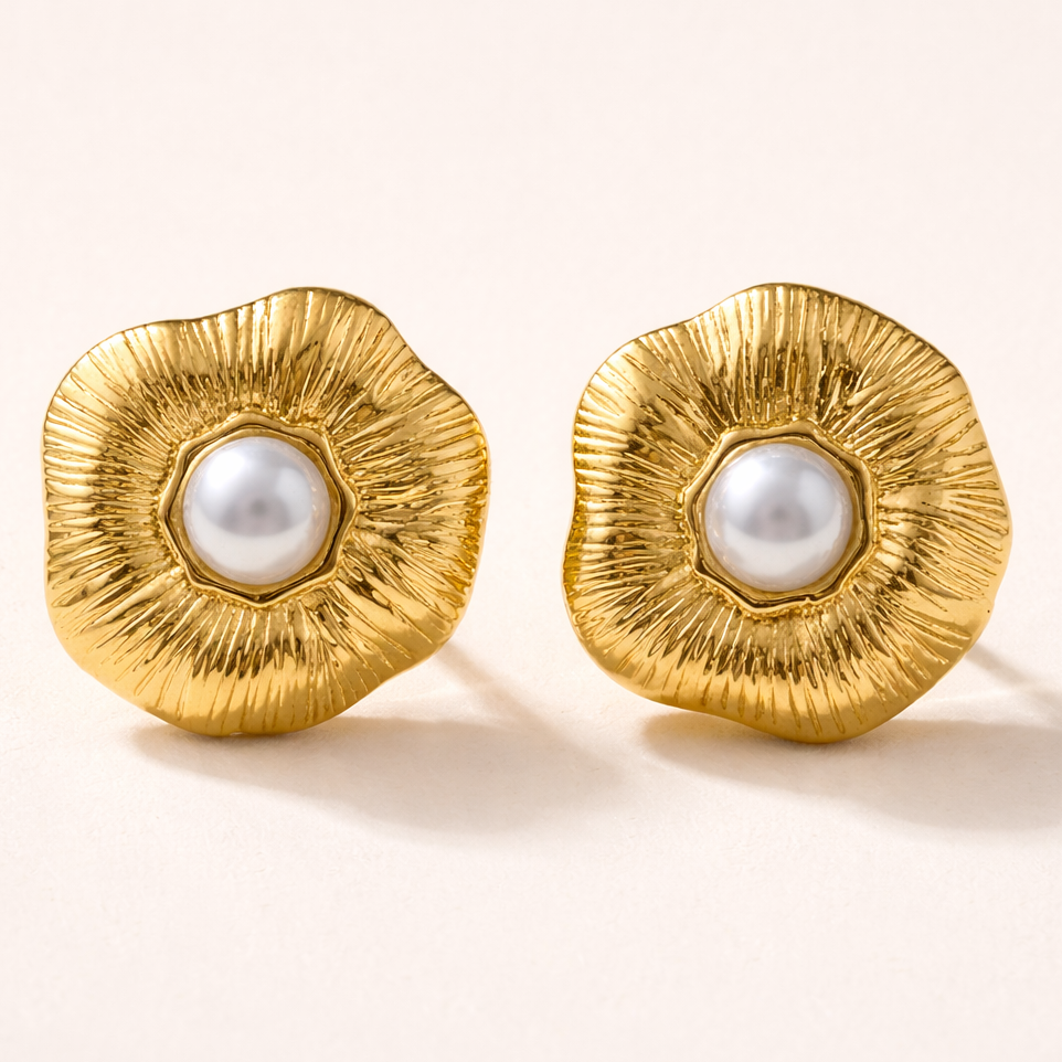 18K Gold Plated Sunburst Pearl Stud Earrings