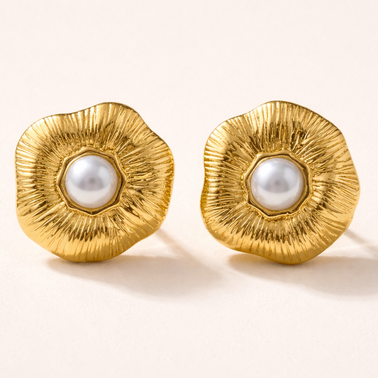 18K Gold Plated Sunburst Pearl Stud Earrings