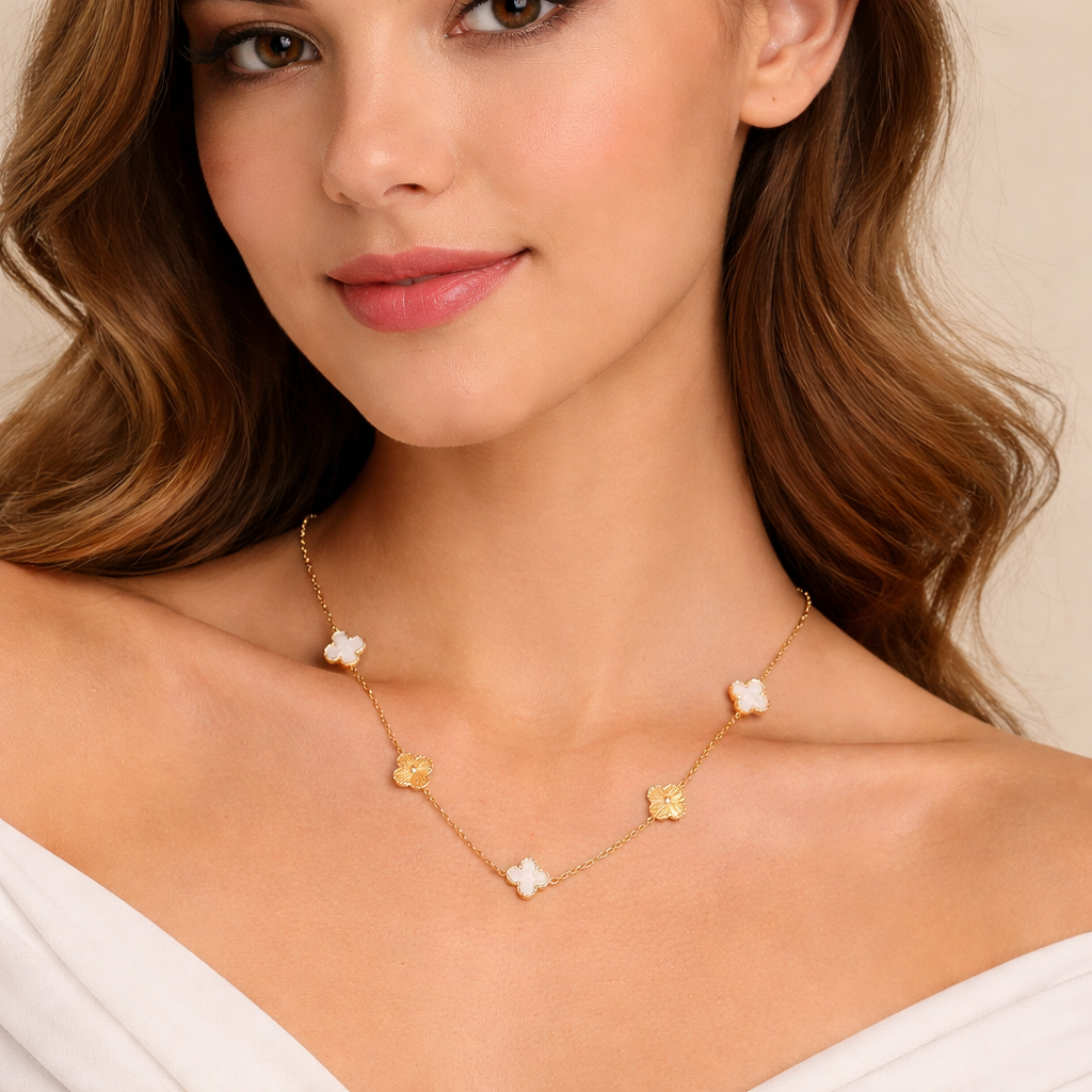 18K Gold Plated White Gold Clover Charm Necklace