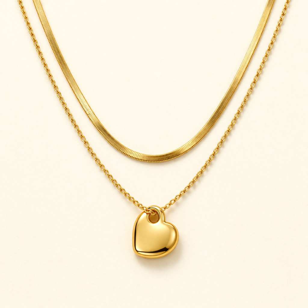 18K Gold Plated Minimal Heart Double Layer Necklace