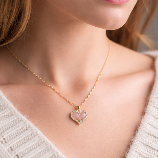 18K Gold Plated Crystal Pink Heart Charm Necklace