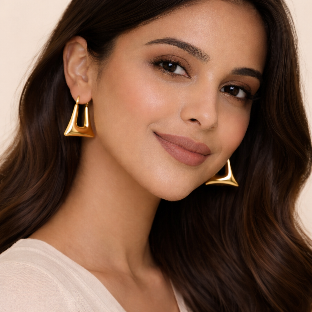18K Gold Plated  Trapezoid Thick Hoop  Earring