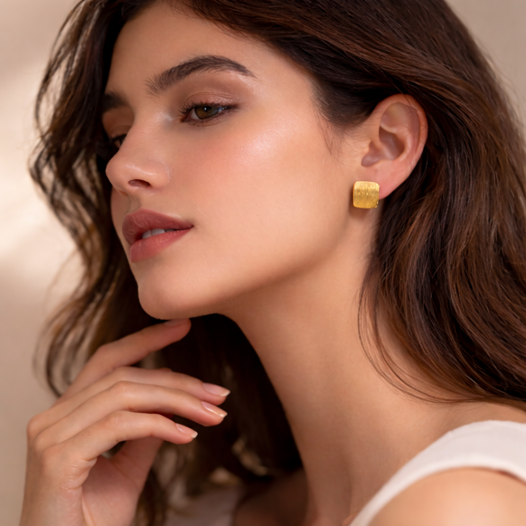 18K Gold Plated Rectangle Shaped Stud Earring
