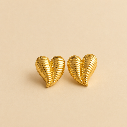 18K Gold Plated Ribbed Heart Stud Earrings