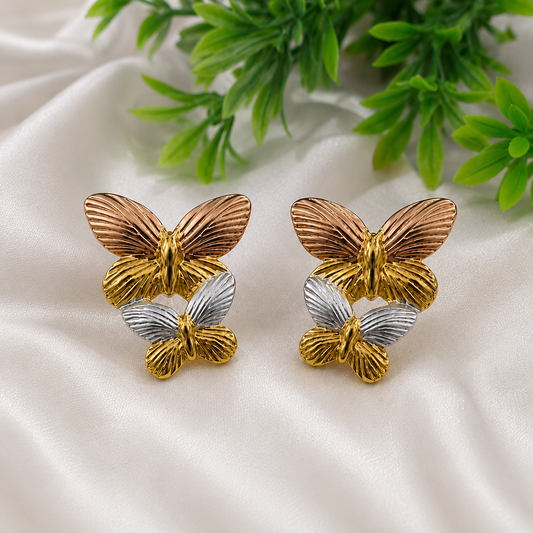 18K Gold Plated Tricolor Butterfly Charm Earrings