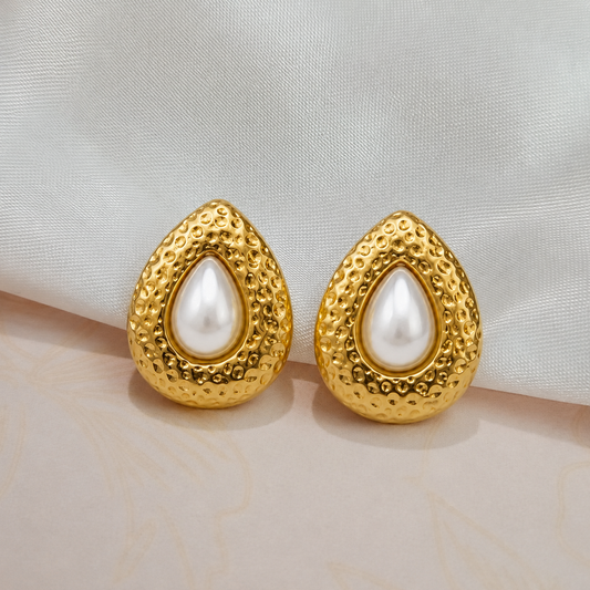 18K Gold Plated Golden Teardrop Pearl Studs Earrings