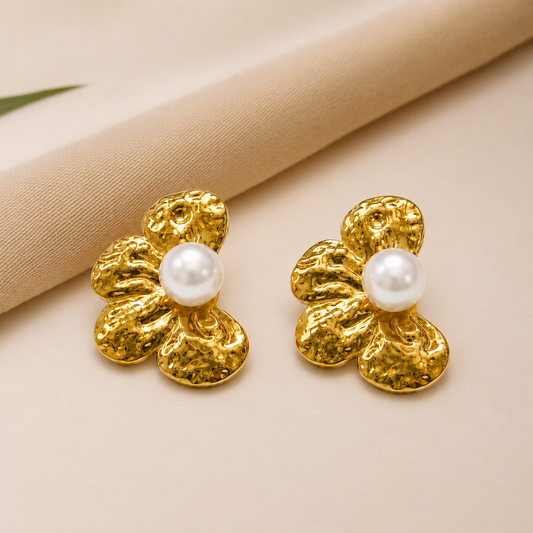 18K Gold Plated Pearl Bloom Flower Earrings