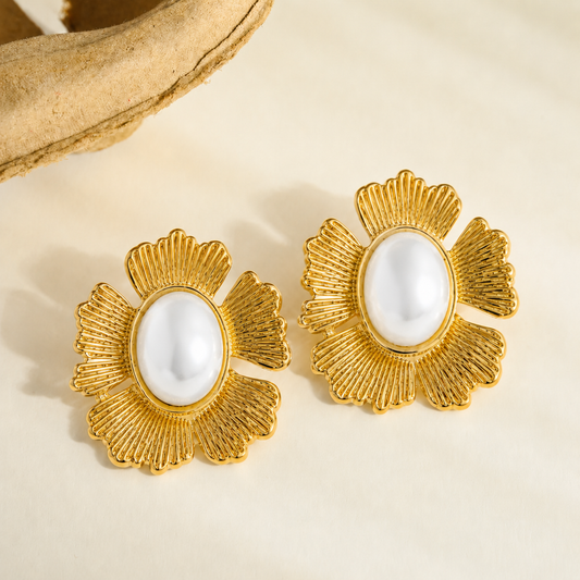18K Gold Plated Golden Sunflower Pearl Studs Earring