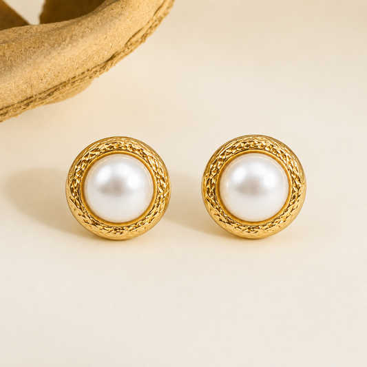 18K Gold Plated Golden Pearl Button Earrings