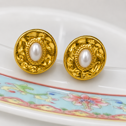 18K Gold Plated Regal Pearl Round Earrings