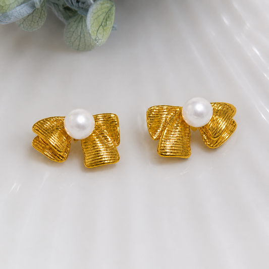 18K Gold Plated Pearl Luxe Ribbon Earrings