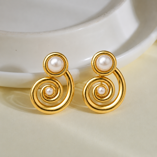 18K Gold Plated Golden Spiral Pearl Earrings