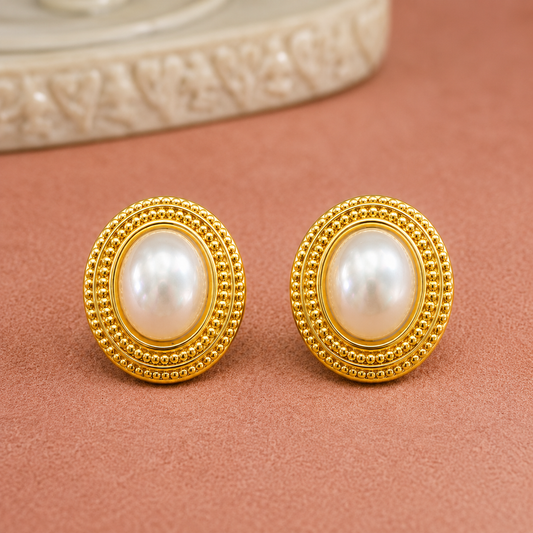 18K Gold Plated Vintage Pearl Frame Waterproof Earrings