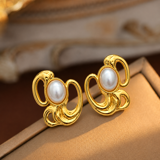 18K Gold Plated Golden Swirl Pearl Studs Earrings