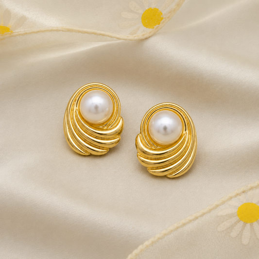 18K Gold Plated Golden Wave Pearl Studs Earrings