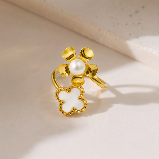 18K Gold Plated Pearl Bloom Clover Waterproof Ring