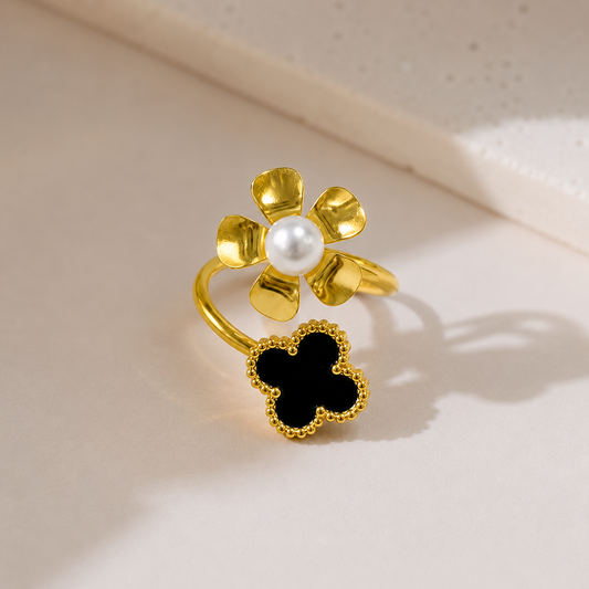 18K Gold Plated Pearl Bloom Clover Waterproof Ring