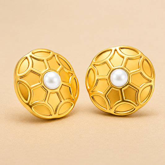 18K Gold Plated Royal Honeycomb Pearl Earrings