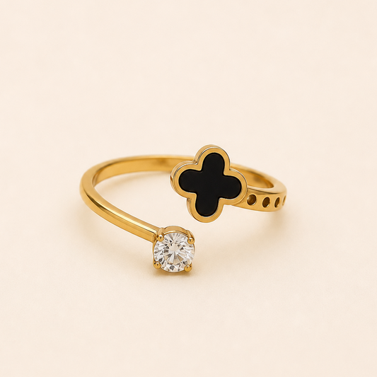 18K Gold Plated Clover & Crystal Open Band Ring