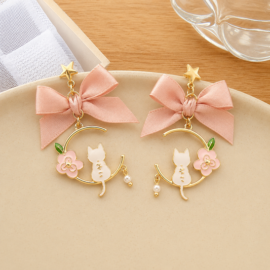 Rosy Cat Charm Earrings